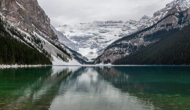 Cloudy morning view of Lake Louise in Banff National Park Alberta Canada