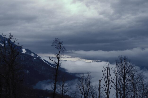 Cloudy mountain scene in winter