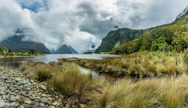 Cloudy and rainy day at Milford Sound South Island New Zealand