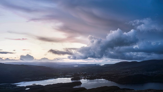 Cloudy sky over a city of Isle of Skye, Scotland