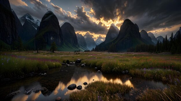 Foto cloudy sky mountains rivier lake landschap ontwerp illustratie ai gegenereerd voor kinderboeken verhaal illustraties sprookjes