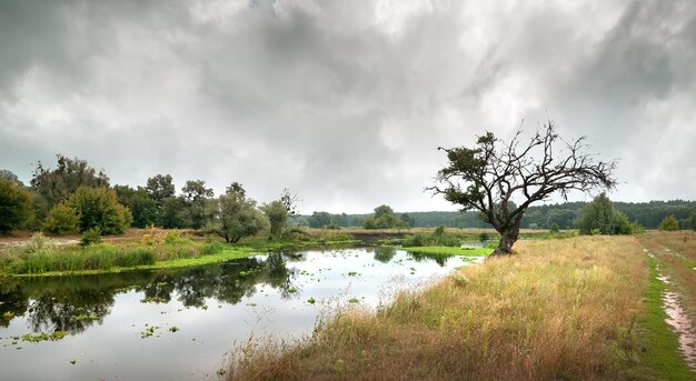 Cloudy sky over the river in autumn