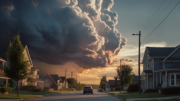 A cloudy sky with a car driving down the street.