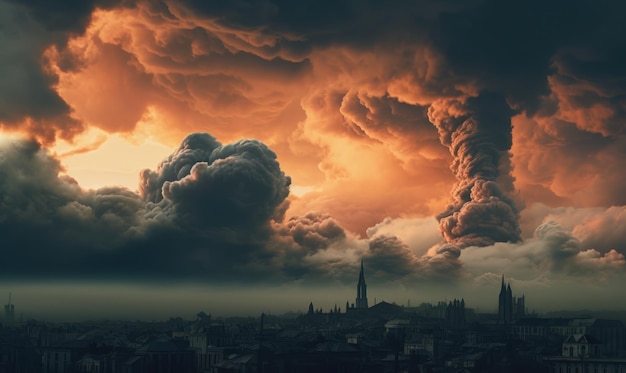 A cloudy sky with a large cloud in the center and a large red and black cloud in the center.