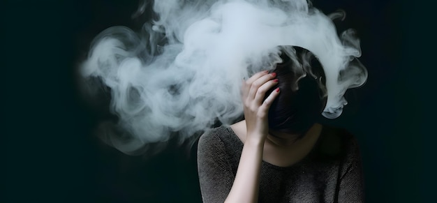 女性の顔を覆う曇った煙、うつ病の悲しみや悲しみの概念