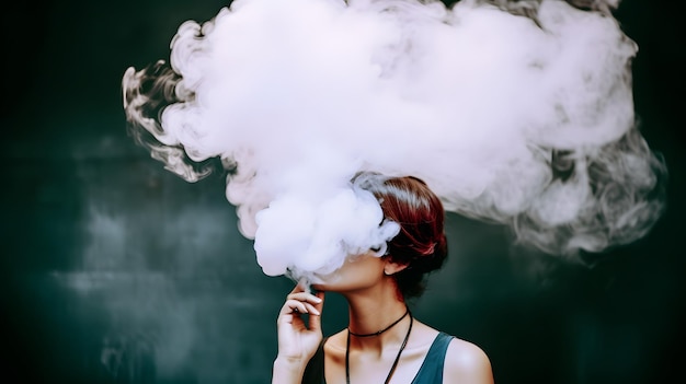 Cloudy smoke covering face of woman Concept of heavy smoking or vaping