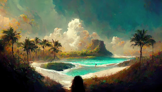 Cloudy tropical island concept art illustration