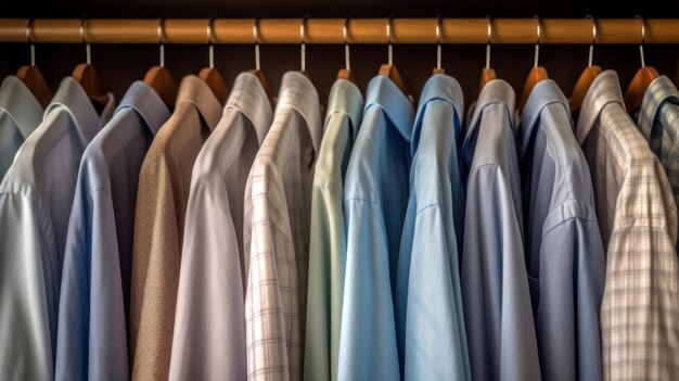 Clouse up mens shirts hanging neatly in the closet