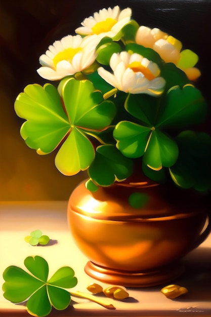 Clover Bunch Oil Painting Golden Glow Shamrocks Vintage Art Brush Strokes Lucky Charms St