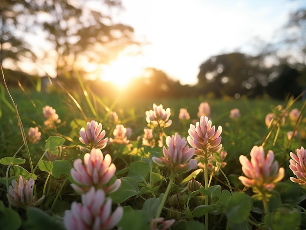 Цветы клевера, греющиеся на закате солнца, сияют в теплый летний вечер.