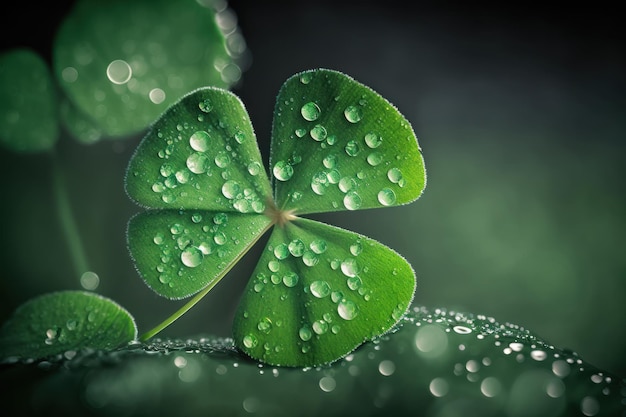 Clover leaf with water dew on green bokeh background with empty copy space