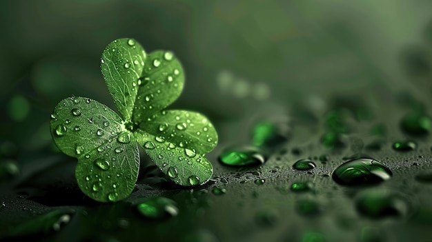 Clover leaf with water drops on green background St Patricks day