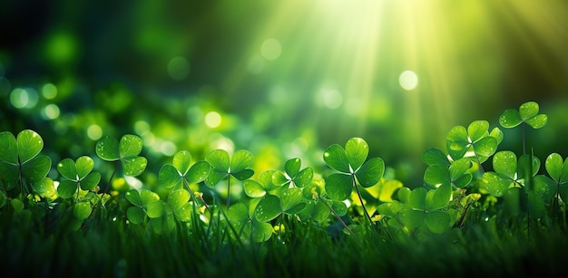 Clover leaves illuminated by sun rays on a dark green background The concept of Saint Patricks Day