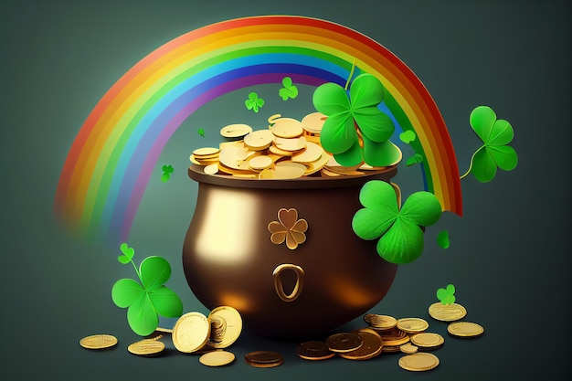 Clover leaves and rainbow Banner with Pot of gold coins St Patrick's day concept illustration