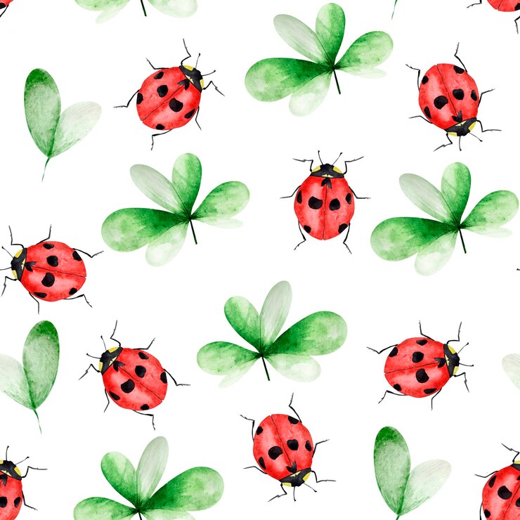 Photo clover leaves and red beetle with black spots watercolor seamless pattern