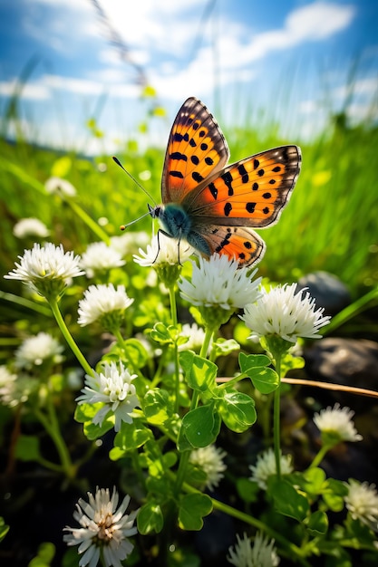 На летнем лугу цветут клевер и полевые цветы, а над головой порхает редкая медная бабочка.