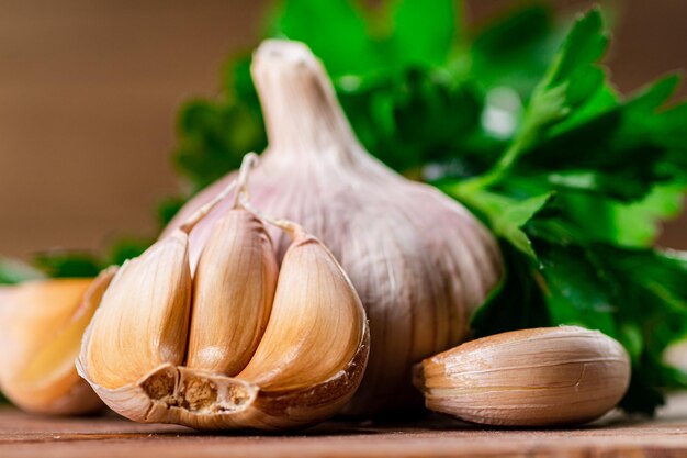 Cloves of fresh garlic with parsley