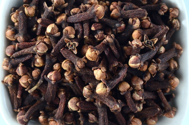 Cloves in plate isolated on white background