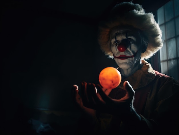 A clown in the dark with a moon in his hands