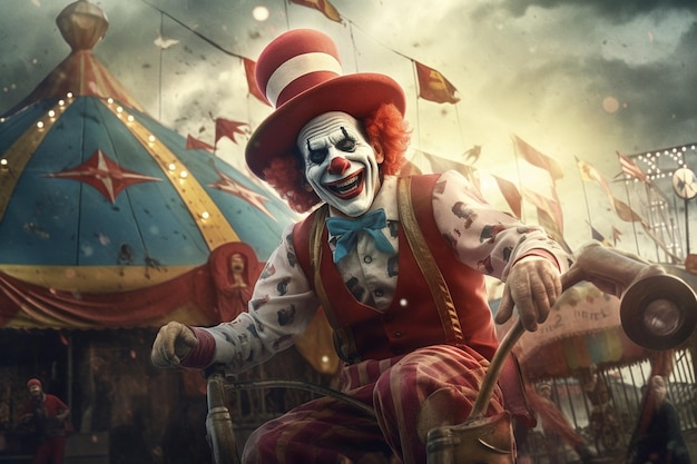 Clown die op een fiets rijdt voor een circus tent generatieve ai