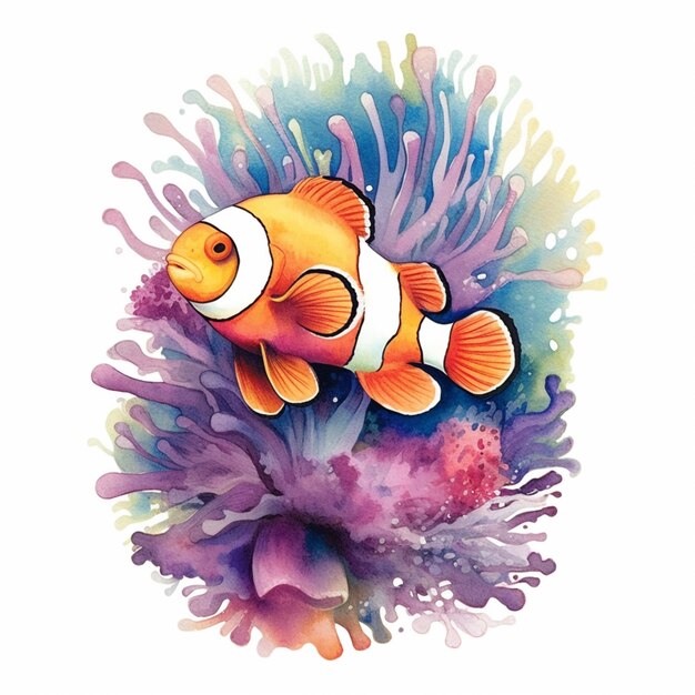 Photo clown fish in anemone with watercolor splashs on it generative ai
