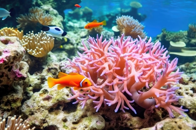 Clown fish darting in and out of anemone on coral