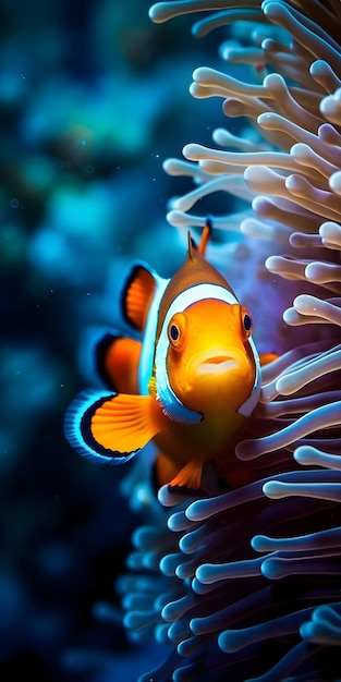 A clown fish in front of an anemone