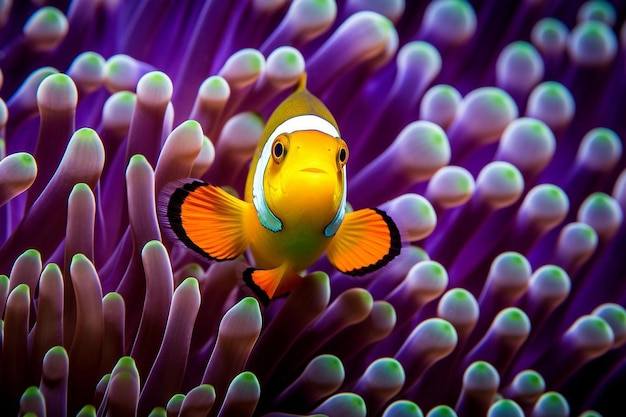 a clown fish is swimming in anemone