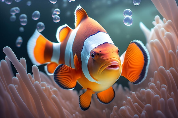 A clown fish is swimming in the ocean