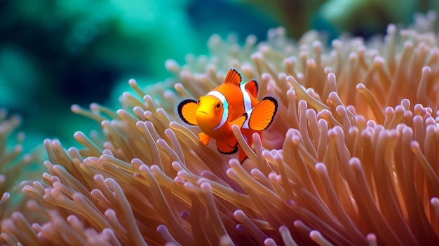 a clown fish swimming in a sea anemone