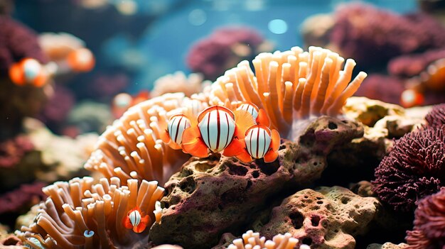 Clown fish swimming in vibrant reef showcasing natural beauty