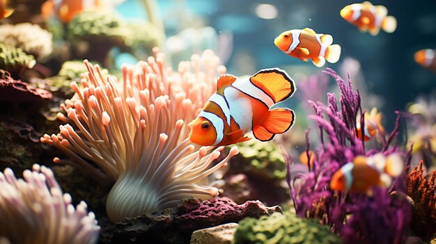 Clown fish swimming in vibrant reef showcasing natural beauty