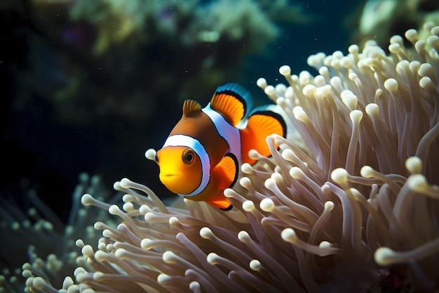 Foto un pesce clown nuota in un'anemone nell'oceano.