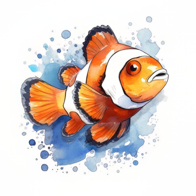 Clown fish on watercolor background Hand drawn vector illustration