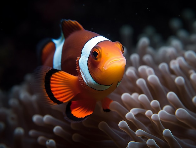 A clown fish with a white stripe on its back is swimming in the water.