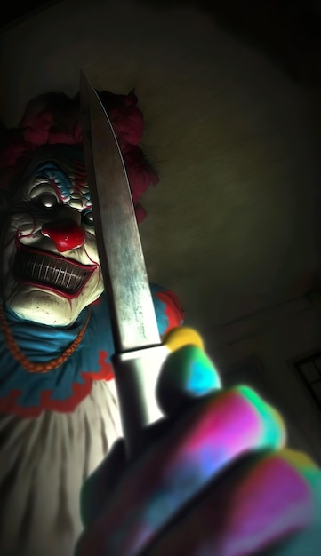 A clown holding a knife in the dark