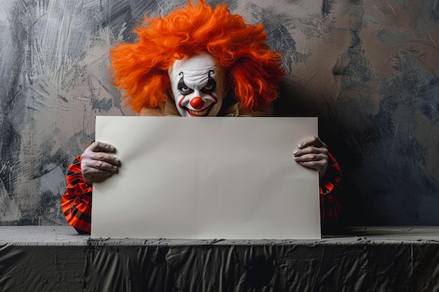 a clown holds a sign that says  the clown is holding it