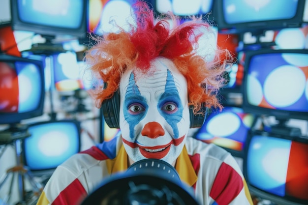 Clown in kleurrijke make-up imiteert een nieuwsanker voor televisie schermen