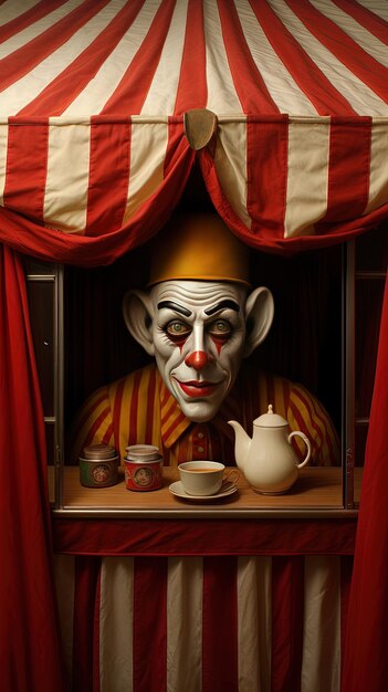 Photo a clown is sitting on a table with a red curtain and a teapot and a teapot