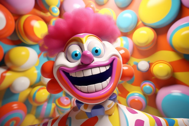 a clown is smiling in front of a colorful background