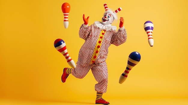 Photo a clown juggling bowling pins the clown is wearing a red and white polka dot suit and a clown hat he has a happy expression on his face
