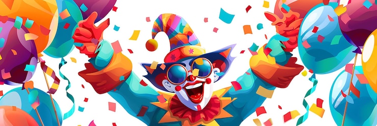 Foto clown met een kleurrijk gezicht en kleurrijke ballonnen in de lucht