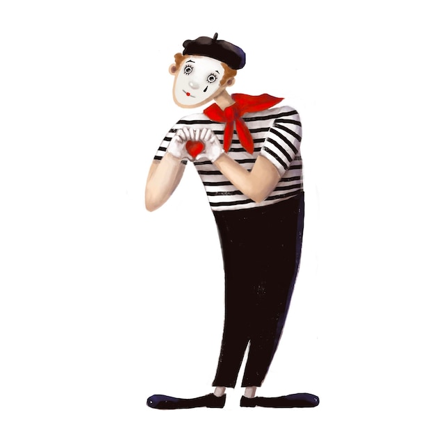 Clown mime with red heart watercolor style illustration funny clipart with cartoon character