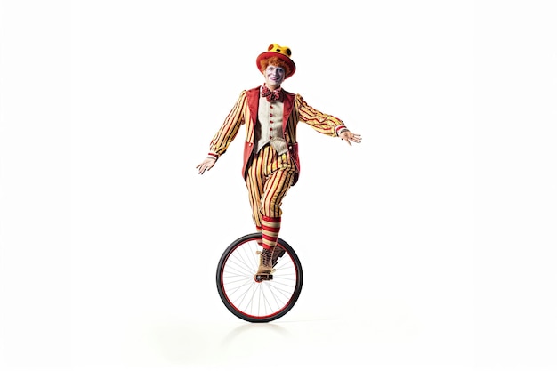 Clown op een eenwieler jongleren geïsoleerd op witte achtergrond Generatieve Ai
