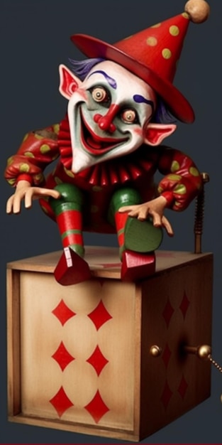 A clown sits on a box that says'the clown'on it