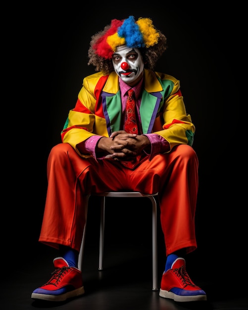 Foto un clown seduto su una sedia davanti a uno sfondo nero