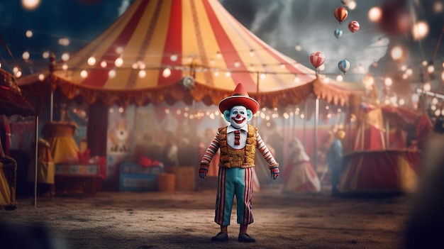 A clown stands in front of a circus tent.