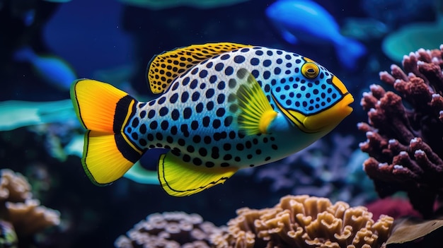 Clown trigger fish with coral reef colorful underwater