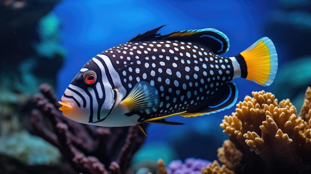 Photo clown trigger fish with coral reef colorful underwater