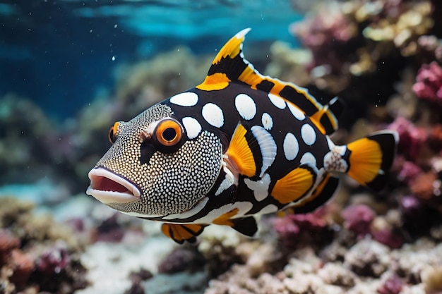 Clown triggerfish zwemmen in het koraalrifecosysteem Closeup